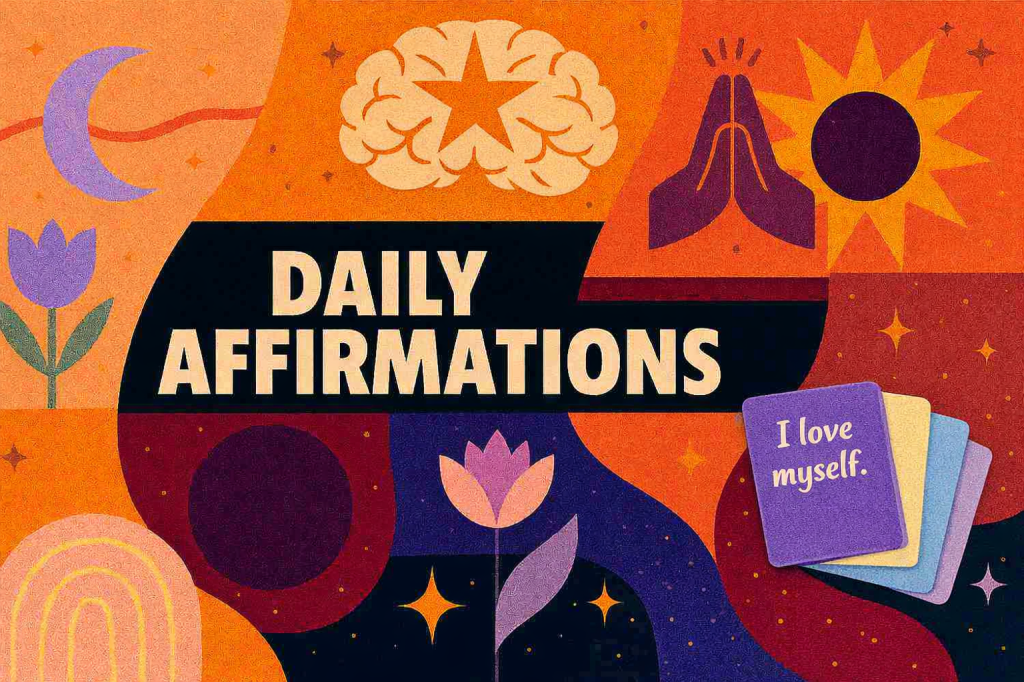 Colorful graphic featuring the text 'Daily Affirmations' with illustrations of a brain, hands in prayer, flowers, and sun symbols along with affirmation cards that read 'I love myself.'