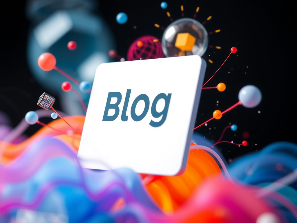 A stylized 'Blog' text surrounded by colorful abstract elements and floating icons, representing creativity and digital content creation.