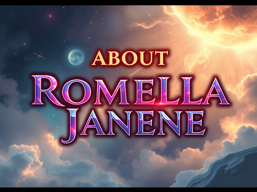 Text graphic featuring the words 'About Romella Janene' against a cosmic background with clouds and celestial elements.